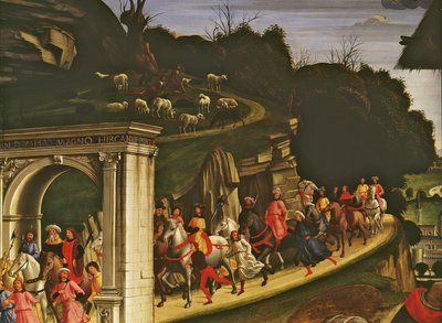 Aanbidding van de herders, detail met de processie van de wijzen, 1485 (detail) door Domenico Ghirlandaio